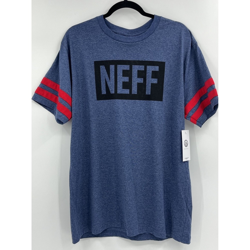 NWT Neff T- Shirt Heather Blue Red Ringer Sleeve Logo Print Size XXL